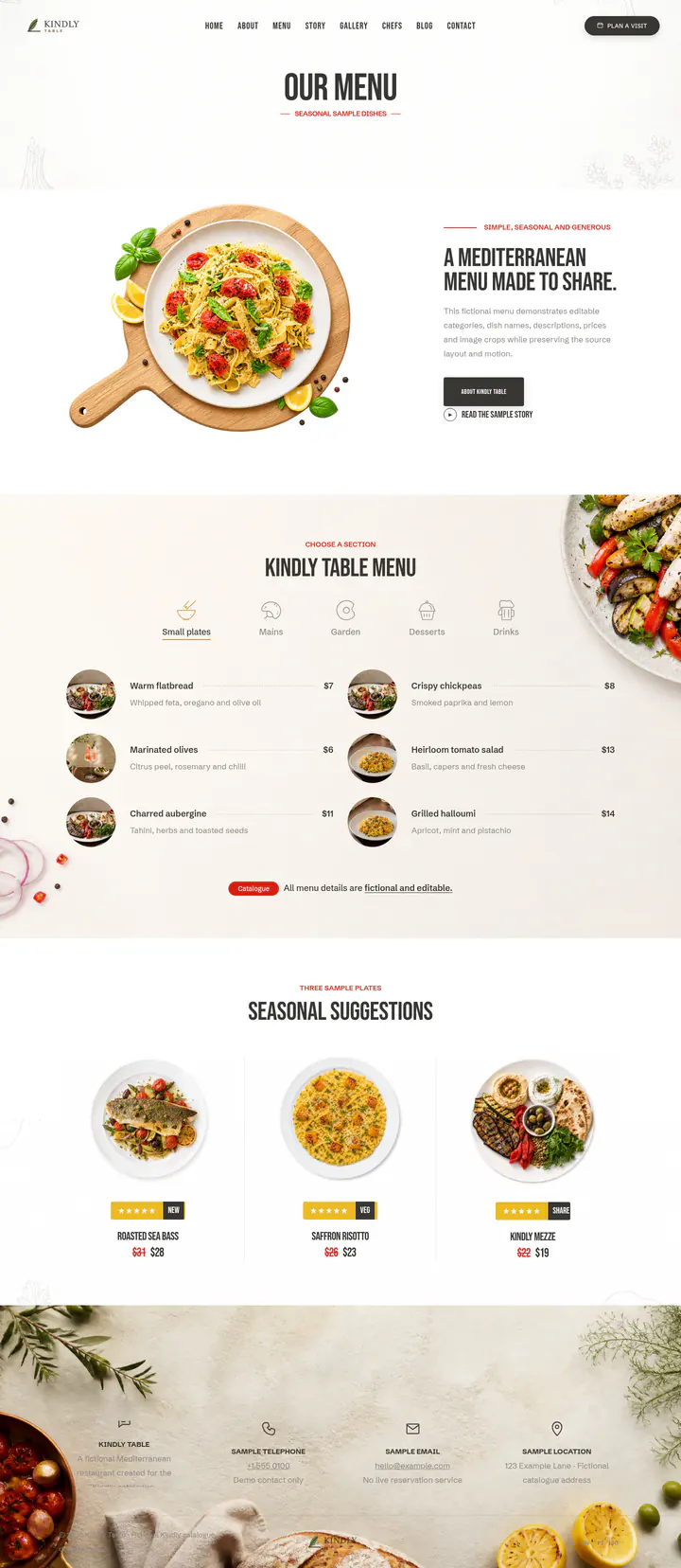 Menu page shown at desktop size
